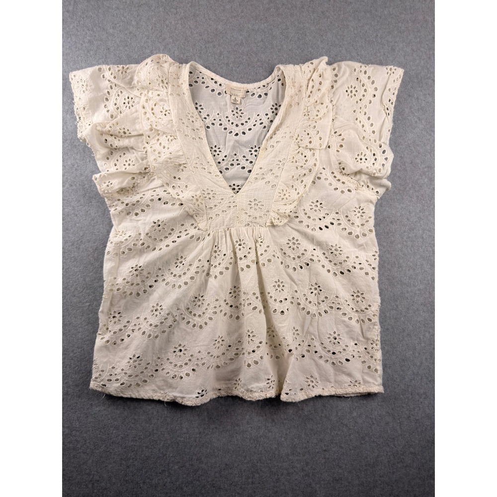 Artelier Nicole Miller Ivory Cotton Eyelet Ruffle V-Neck Flutter Sleeve Top L